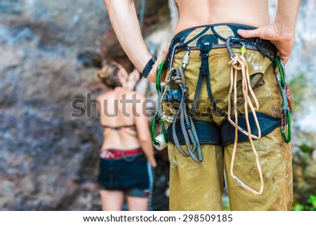 Climber with rock climbing equipment, Close up