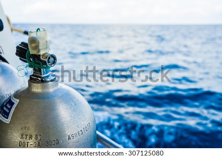 Oxigen tanks on boat for scuba diving, Diving equipment