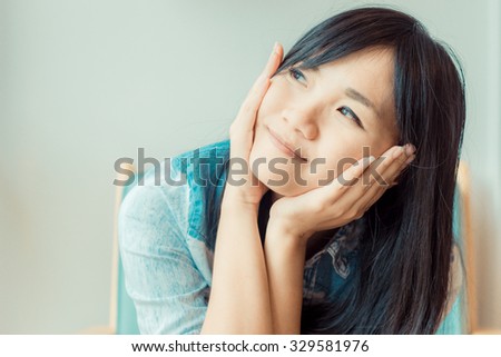 Portrait of happy smiling asian women, Asian woman relax at home