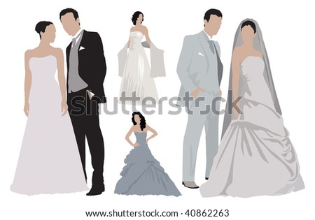 stock vector Two wedding couples and separate more women dressed in 