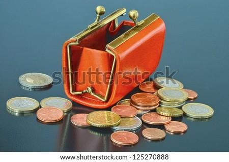 Opened leather purse with some euro coins around