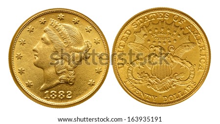 Twenty dollars gold coin from nineteenth century named Liberty. Isolated with path on white.
