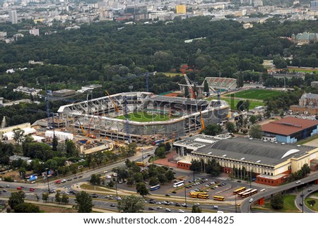 Stadium Legia football club construction in progress. Aerial view from 05.08.2009. Editorial image. Warsaw, Poland
