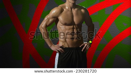 Strong young man on abstract color background. Body with path.