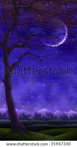 Lonely bare tree over vertical rolling landscape at night (other landscapes are in my gallery)