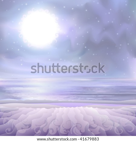 Fantastic supernatural alien landscape - desert seashore lit by a bright white star