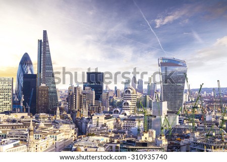 London sunset, view on business modern district.