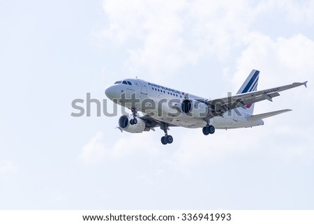 ITALY - FLORENCE SEPTEMBER 02: Air France Airbus A318 lands at Peretola airport, 02 Septembre 2015, Italy. Peretola airport is the second airport in Tuscany.