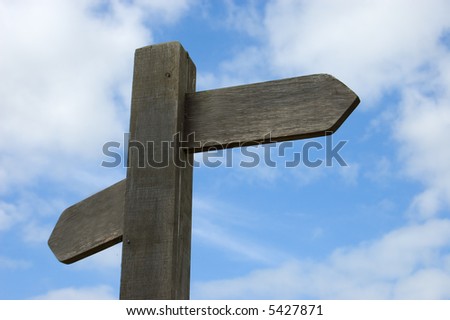 Signpost with two direction arrows. Left blank for your own text set against a blue sky