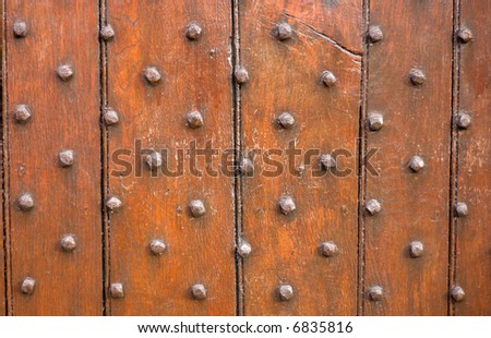 Brown wooden door panel with metal stud pattern