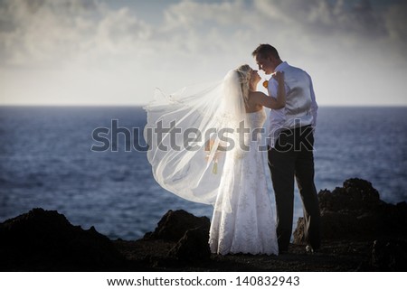 Bride and groom looking into each other\'s eyes, the ocean in the background.