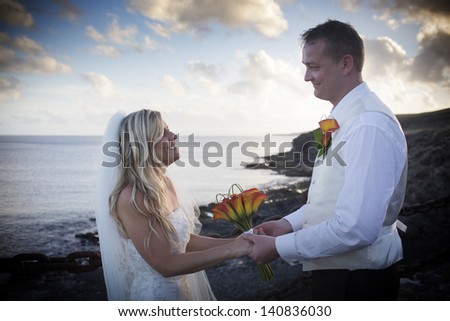 Newlyweds at the ocean shore look into each other\'s eyes.
