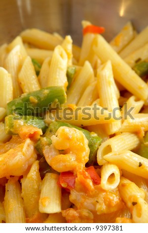 Shrimp Penne Pasta cooked in a frying pan