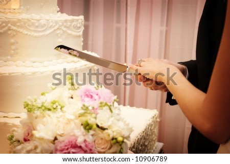 Beautiful wedding cake at a wedding reception about to be cut by bride groom