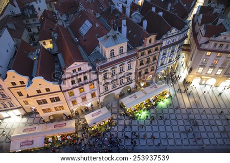 PRAGUE, CZECH REPUBLIC - OCT 06: Evening old town with restaurants. View from Tower\'s top on October 06, 2014.