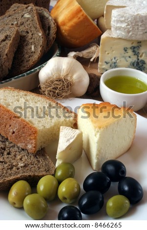 Cheese,bread and olives breakfast