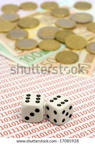 Dices thrown on binary background with euro currency