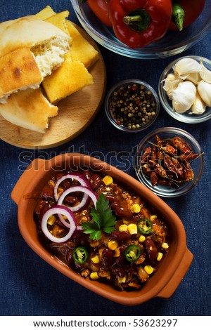 Authentic mexican chili beans served with corn bread