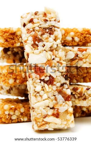 Protein bars with dried fruit isolated on white background