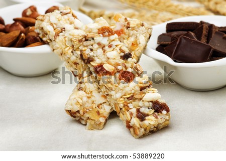 Granola or protein bar with dried tropical fruit