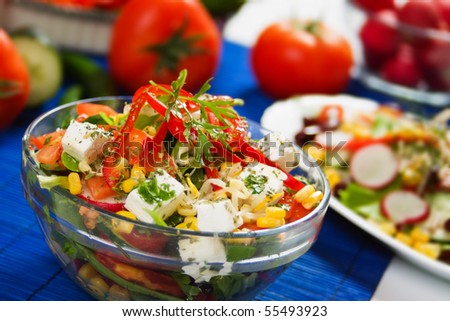 Delicious cheese salad with bell pepper, tomato, corn and soy sprouts
