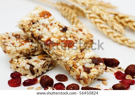 Protein bars with dried fruit on white background (not isolated)