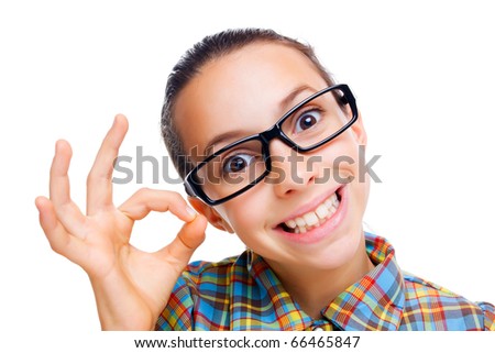 stock photo Young nerdy girl showing ok hand sign isolated on white