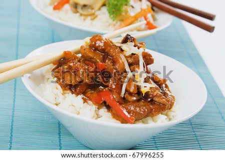 Chinese pork meat with peanuts, vegetables and cooked rice