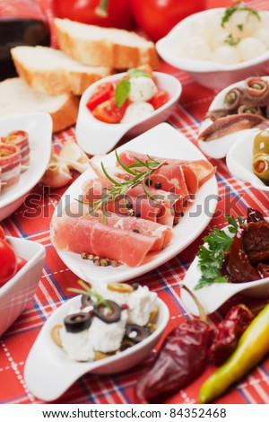 Mediterranean appetizer food, tapas or antipasto, selective focus shot
