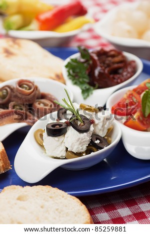 Antipasto, tapas, various appetizer food traditional in mediterranean countries