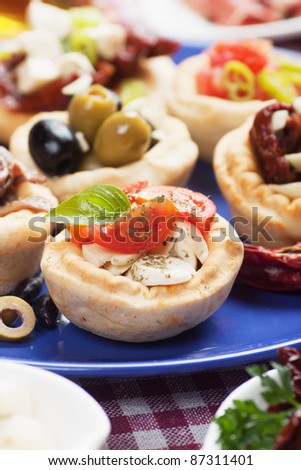 Mediterranean appetizer food, spanish tapas or antipasto snack