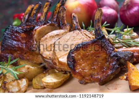 Roasted rack of pork, pork loin roast with frenched ribs
