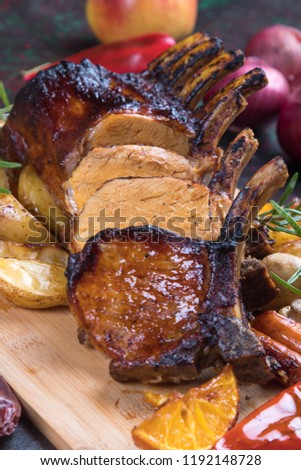 Roasted rack of pork, pork loin roast with frenched ribs