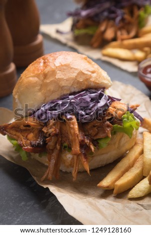 Burger with pulled pork, classic american meat sandwich