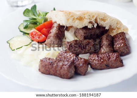 Grilled kebab with onion and pita bread