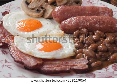 Full english breakfast with fried egg, bacon, mushrooms, sausage and kidney beans