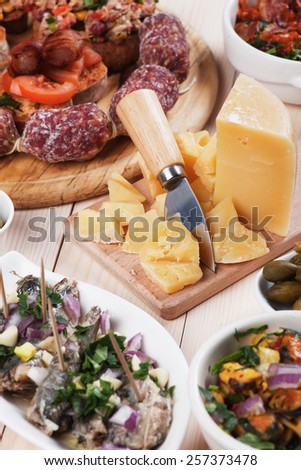 Tapas or antipasto food, mediterranean cold buffet