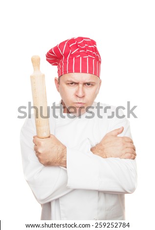 Angry chef with rolling pin, isolated on white background