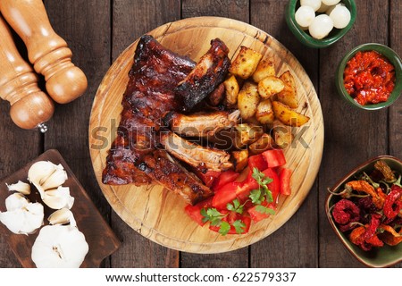 American style roasted pork ribs marinated in barbecue sauce and glazed with honey