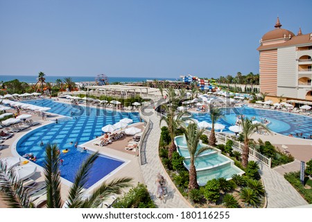Side, Turkey - OCTOBER 7: Royal Alhambra Palace. Located on the beachfront, Royal Alhambra has a private beach area, outdoor/indoor pools and spa facilities. on October 7, 2013 in Side, Turkey