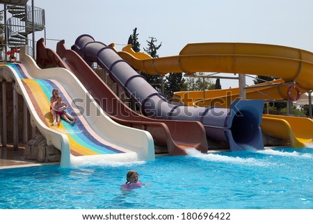 Side, Turkey - DECEMBER 8: view of entertainment complex on December 8, 2013 in Side, Turkey. SIde is popular resort with pools and aquaparks in Turkey with more than 5 mln visitors per year