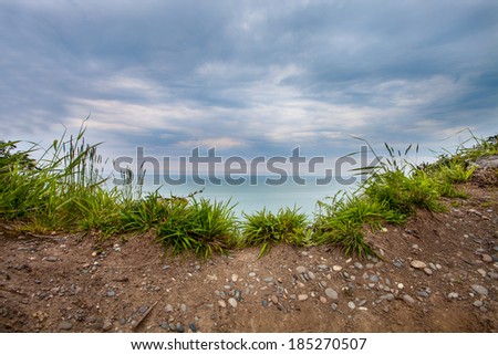 natural green background with sky, land grass, blue sky and stones