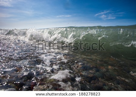 rough colored ocean wave falling down with sun and blue sky