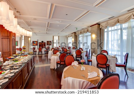 KOBULETI, GEORGIA - MAY 7: HOTEL GEORGIA Palace. The main restaurant serves buffet breakfast, lunch and dinner. You can also sample various tastes at the patisserie.on MAY 7, 2014 in KOBULETI,