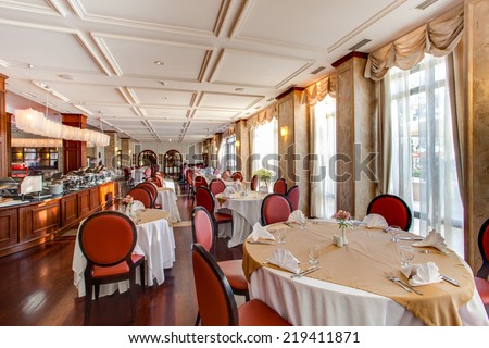 KOBULETI, GEORGIA - MAY 7: HOTEL GEORGIA Palace. The main restaurant serves buffet breakfast, lunch and dinner. You can also sample various tastes at the patisserie.on MAY 7, 2014 in KOBULETI,