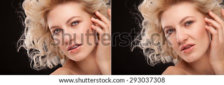 concept skincare,plastic surgery, botox fillers, hyualuronic acid,teeth whitening,photoshop,retouching. Skin of beauty young blond woman before and after the procedure on a black background