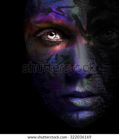 a young girl with sensual glance and painted face looking out of the dark