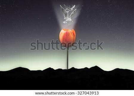a flower, tulip growing out of the glowing mountains with light and birds coming out of it. surreal digital illustration. on the subject of internal life and spirituality