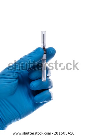 Hand with a medical needle on a white background