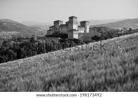 Torrechiara Castle in black and white